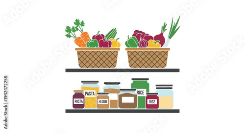 Kitchen pantry shelves with fresh vegetables and dry food