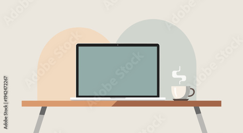 Laptop and coffee cup on wooden table in minimalist home office