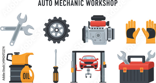 Auto mechanic workshop graphic with various tools and car