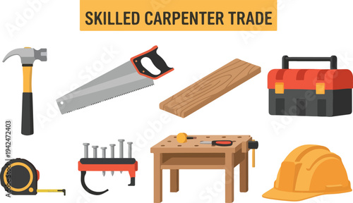 Carpenter tools on white background includes a hammer saw wood toolbox tape measure clamps worktable and helmet