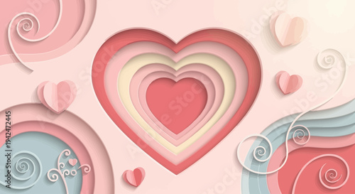 Layered paper cut heart art on romantic pastel background