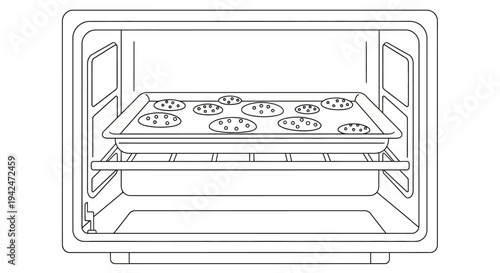 Line art illustration of oven with cookies baking on tray
