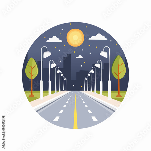 Long road with streetlights leading to city skyline at night