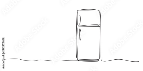 A clean, minimalist single line drawing depicts a classic refrigerator with a freezer compartment on top, perfect for concepts related to food, home, and simplicity. 