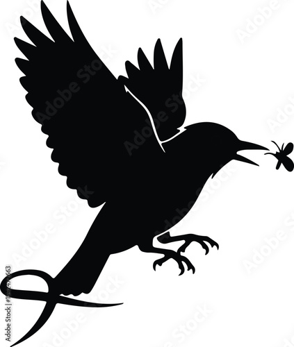 Silhouette Bird Catching Butterfly in Flight vector design