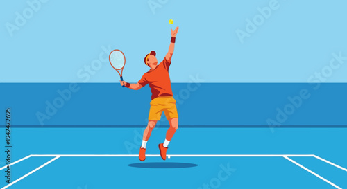 Male tennis player serving ball on blue court