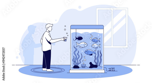 Man feeding fish in an aquarium at home illustration