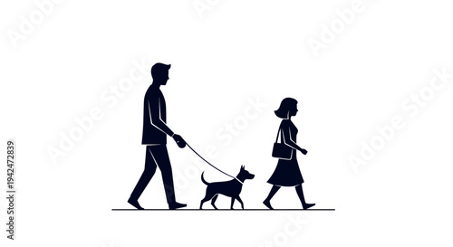 Man walking dog on leash with woman in minimalist silhouette style