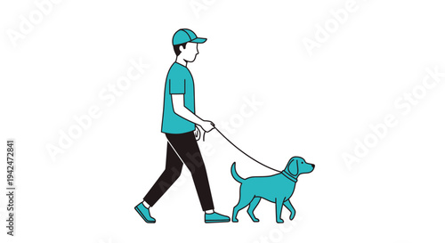 Man walking pet dog on a leash minimal illustration