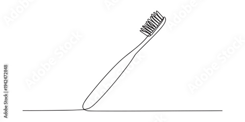 Minimalist continuous line drawing of a toothbrush on white background. Toothbrush continuous one line drawing oral care concept vector illustration.
