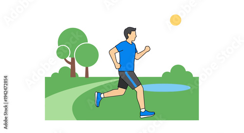 Man running on park path under a sunny sky