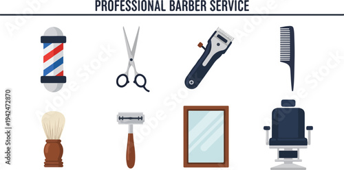 Flat design image depicts barber shop tools