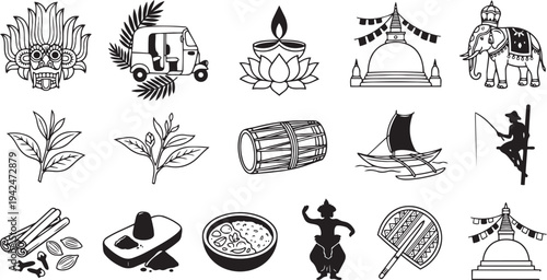Sri Lanka Travel and Culture Vector Icon Set, Monochrome South Asian Traditional Symbols Black and White