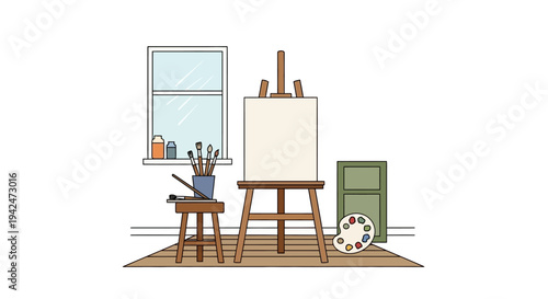 Minimalist artist studio setup with easel and supplies