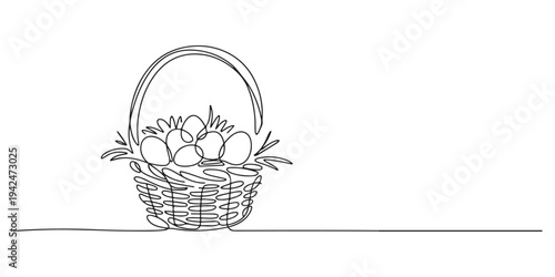 Minimalist one line drawing of a basket full of Easter eggs on a white background. Perfect for Easter themed graphics, cards, and social media posts. Continuous One Line Drawing of an Easter Basket.