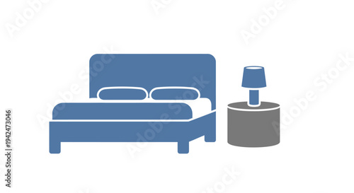 Minimalist bed and nightstand with lamp icon illustration