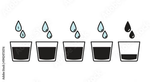 Simple vector graphic illustrating the process of liquid volume reduction through evaporation steps