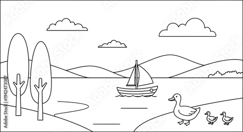 Lake with Sailboat and Ducks Coloring Page – Peaceful Nature Landscape Printable Line Art