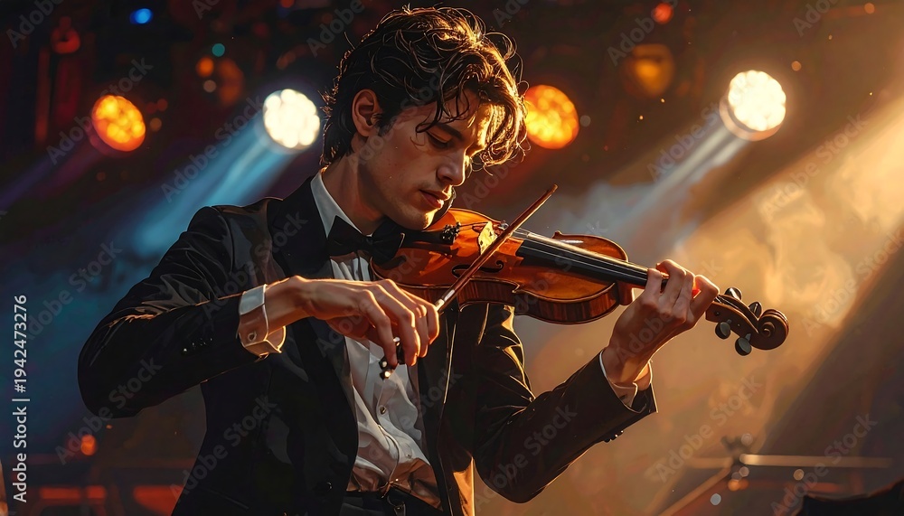 Fototapeta premium A focused musician, dressed in formal attire, plays a violin on stage under spotlights. The image features a shallow depth of field