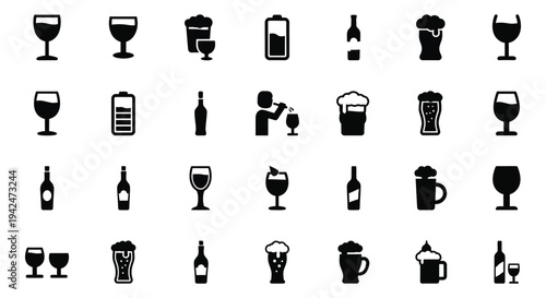 Diverse vector graphic illustration of drink icons including beer, wine, and cocktails.
