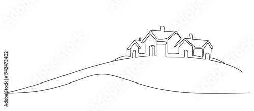 Minimalist black and white line of houses on a hill line houses silhouette