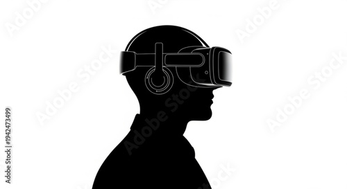Man experiencing virtual reality technology with VR headset in a futuristic environment from a side viewpoint
