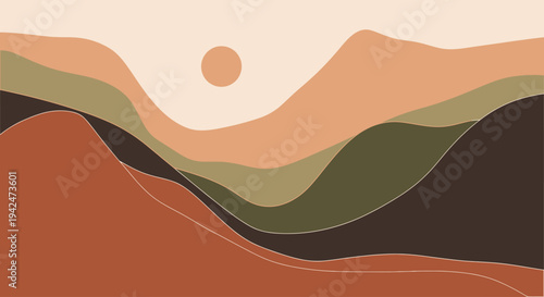 Minimalist desert landscape with sun and layered mountains