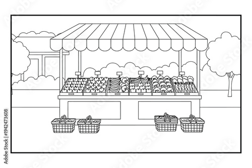 Farmers Market Stall Coloring Page – Fresh Fruits and Vegetables Stand Printable Line Art