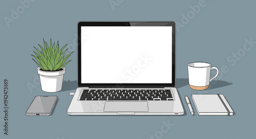 Minimalist flat lay workspace with laptop, plant, smartphone, coffee mug, notebook