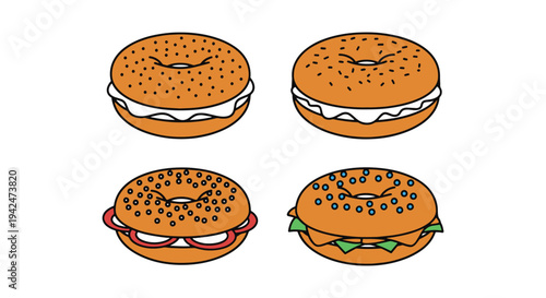 Bagel Line art vector set modern bold abstract color illustration