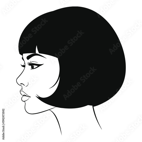 Black and white illustration of woman's profile with short bob haircut and bold makeup.
