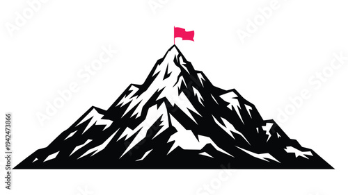 Snowy mountain peak with a red flag on top against a white background in graphic style. Mountain climbing, peak achievement