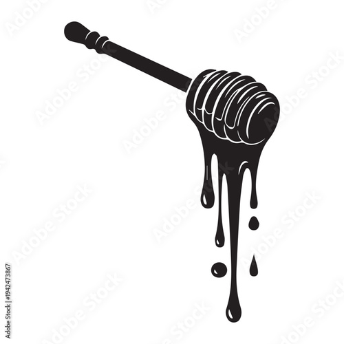 Honey dipper stick with dripping honey illustration Icon Silhouette vector black design on a white background