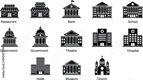 Black and white of various buildings including restaurant, bank, school, government, theatre, hospital, hotel, museum, and church