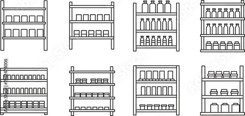 Set of minimalist outline shelf icons with various products perfect vector elements for retail grocery store and inventory management designs
