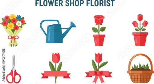 Graphic of a florist shop with a bouquet watering can roses tulips scissors basket