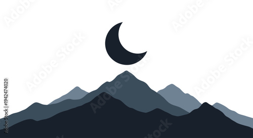 Minimalist mountain landscape with crescent moon at night