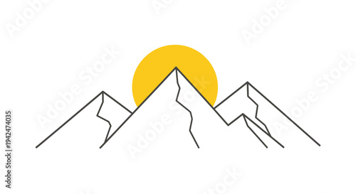 Minimalist mountain peaks with rising sun on white background