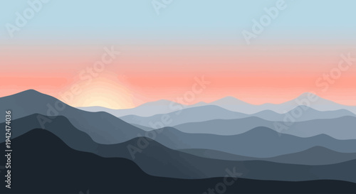 Minimalist mountain peaks with warm sunrise over horizon