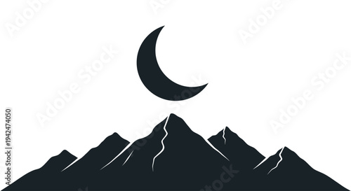 Minimalist mountains silhouette with crescent moon at night
