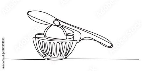 Continuous one line drawing of a manual citrus squeezer, symbolizing freshness and manual effort, line art style vector illustration.