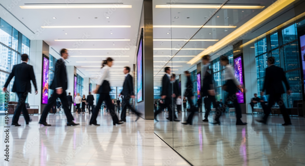Fototapeta premium Business professionals walking with motion blur through a bright, modern office lobby or hallway.