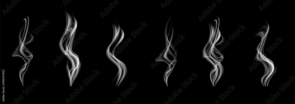 Fototapeta premium Light swirling mist suggesting heat and fragrance from cooking. Realistic steam food effect for coffee, tea, grill food and warm drink illustrations.