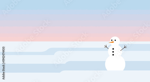 Minimalist snowman in flat winter landscape with soft sky