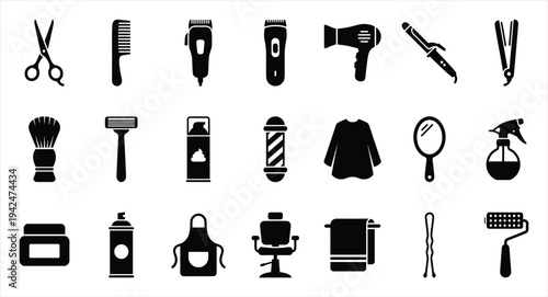 Collection of Black and White Barbershop and Hair Salon Styling Tools and Equipment Icons
