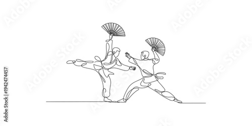 Continuous line drawing of two martial artists with fans in dynamic poses