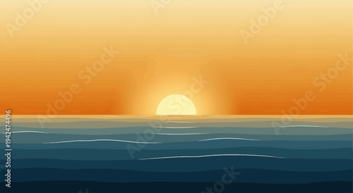 Minimalist sunset over ocean with orange sky and blue water