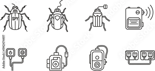 Outline icons of spy devices and surveillance equipment including bugging tools and hidden cameras for cybersecurity investigation and secret agent concepts