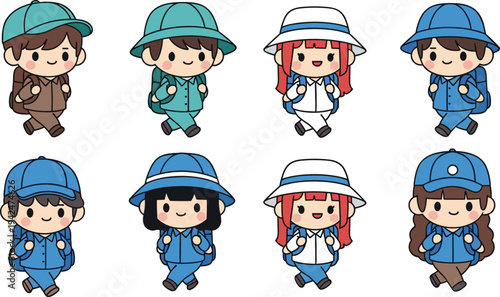 Set of cute cartoon traveler characters with backpacks and sun hats walking for summer vacation, hiking adventure, outdoor tourism, and childhood travel concepts.