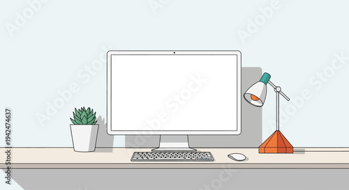 Minimalist workspace with computer, plant, and desk lamp